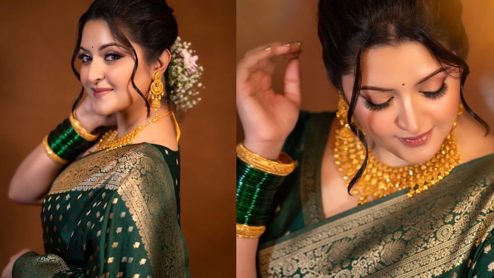 জলপাই রংয়ের শাড়িতে নতুন লুকে পরীমনি